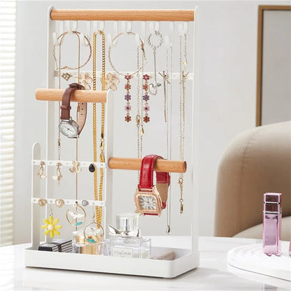 Iron+Wood Jewelry Organizer Stand Necklace Storage Rack Display Tower