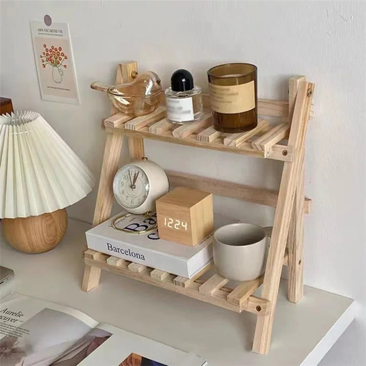 Multi-function Double Layer Flower Pot Storage Rack Foldable Wooden Shelf