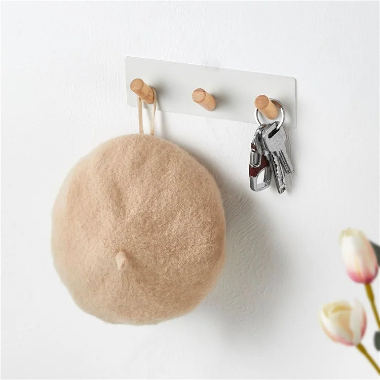 3-Hook Punch-free Magnetic Hanging Rack Carbon Steel + Beech Hat Key Hanging Hook