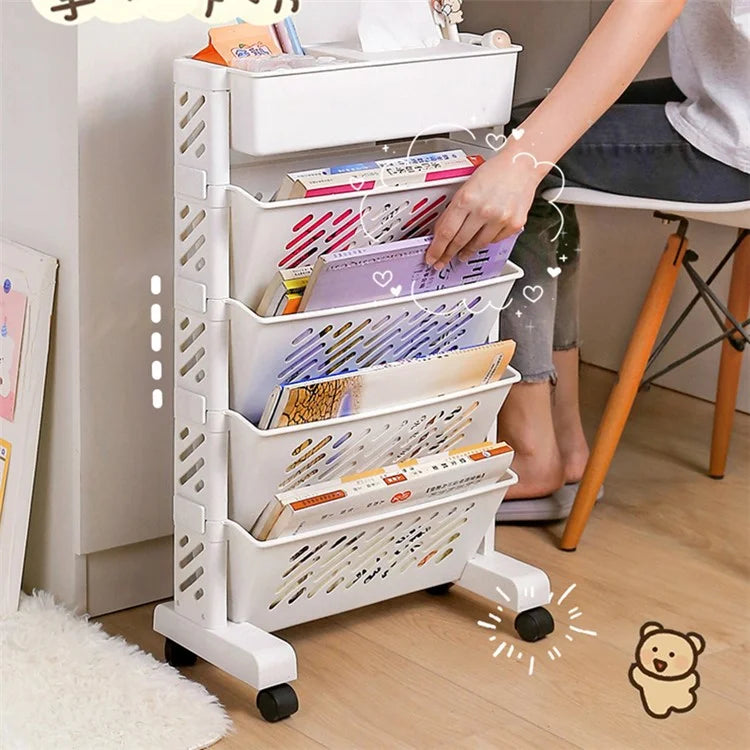 5-Tier Plastic Book Shelf with Wheels Tissue Box Design Hollow Storage Trolley