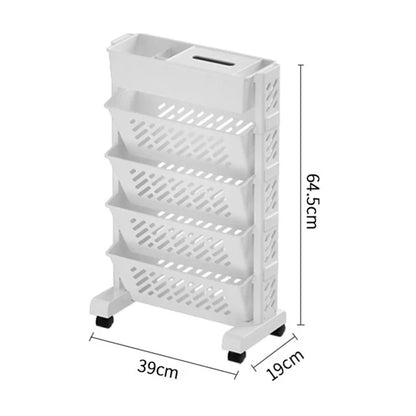 5-Tier Plastic Book Shelf with Wheels Tissue Box Design Hollow Storage Trolley