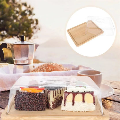 JJTZ Bamboo Rectangular Cake Try with PS Lid Cupcake Display Stand Tray Dessert Plate, Size S