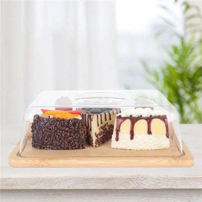 JJTZ Bamboo Rectangular Cake Try with PS Lid Cupcake Display Stand Tray Dessert Plate, Size S