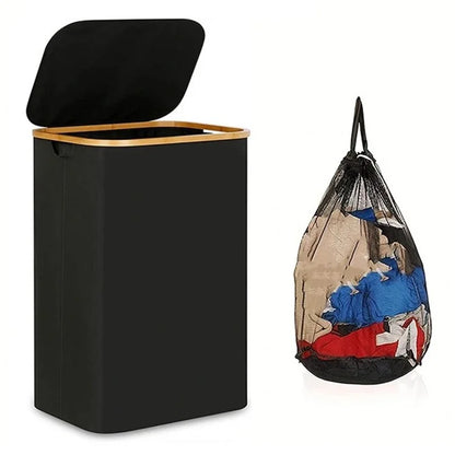 Bamboo + Oxford Cloth Collapsible Clothing Storage Laundry Basket with Lid
