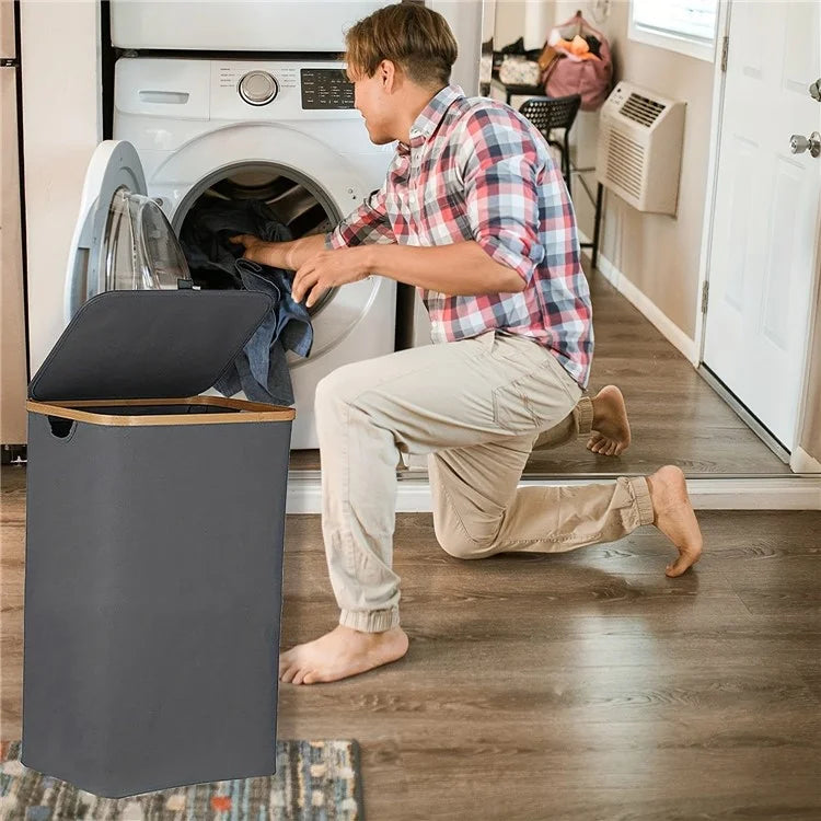 Bamboo + Oxford Cloth Collapsible Clothing Storage Laundry Basket with Lid