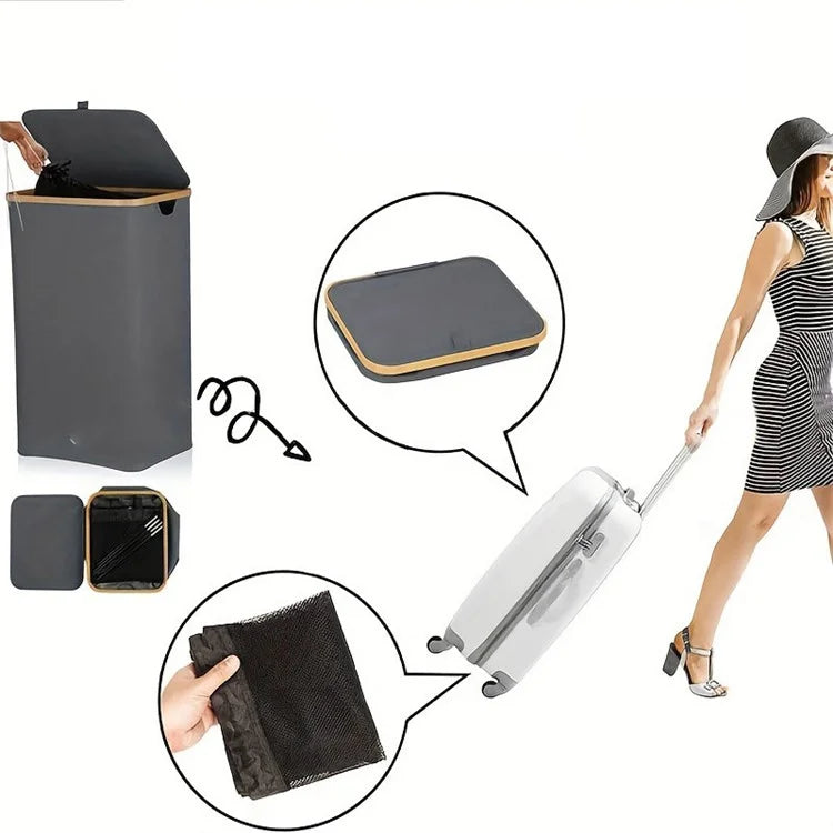 Bamboo + Oxford Cloth Collapsible Clothing Storage Laundry Basket with Lid