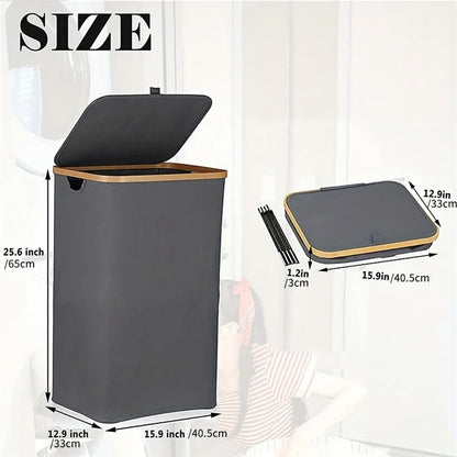 Bamboo + Oxford Cloth Collapsible Clothing Storage Laundry Basket with Lid