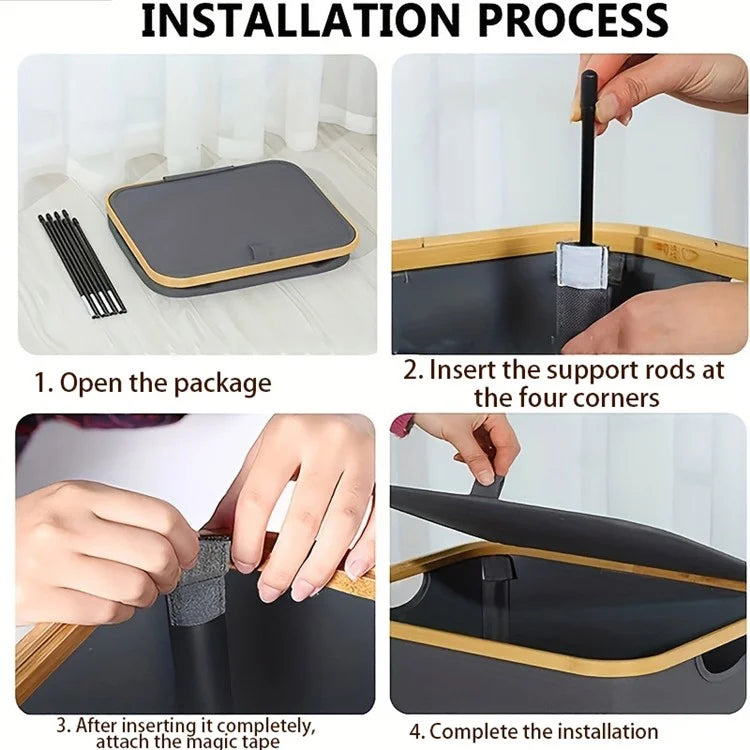 Bamboo + Oxford Cloth Collapsible Clothing Storage Laundry Basket with Lid