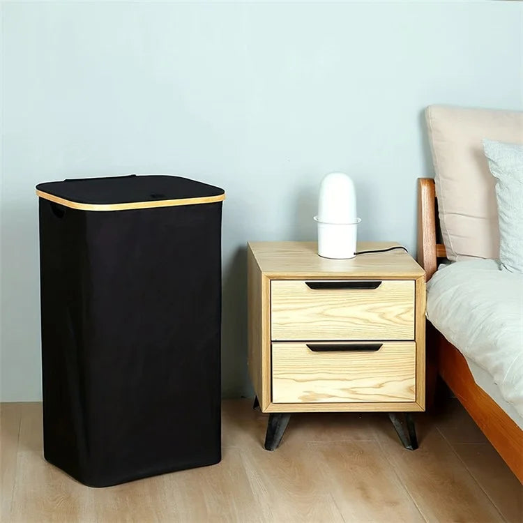 Bamboo + Oxford Cloth Collapsible Clothing Storage Laundry Basket with Lid