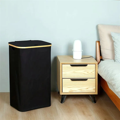Bamboo + Oxford Cloth Collapsible Clothing Storage Laundry Basket with Lid