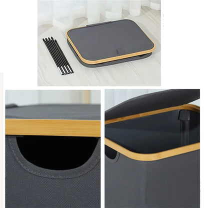 Bamboo + Oxford Cloth Collapsible Clothing Storage Laundry Basket with Lid