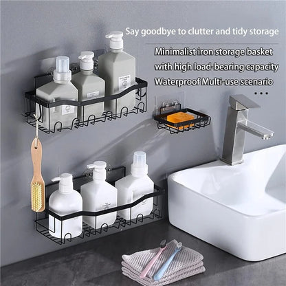 3Pcs / Set 6-Hook Style Punch-Free Carbon Steel Storage Basket Bathroom Draining Organization Rack