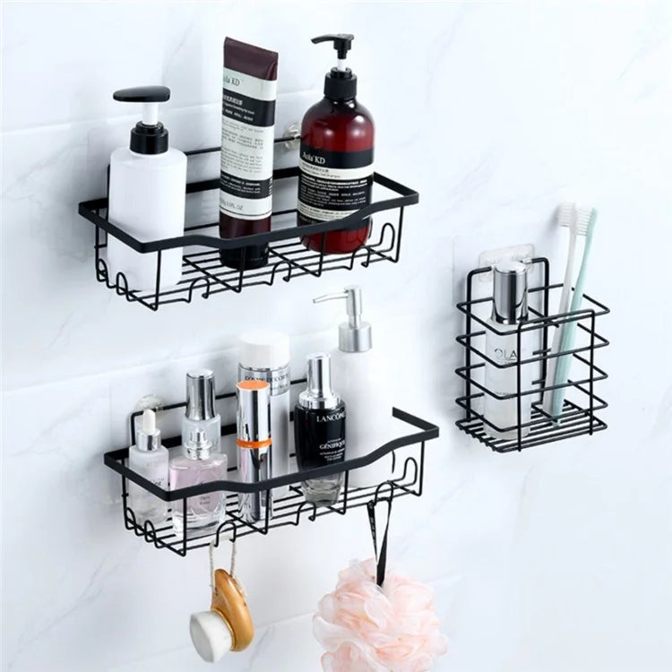 3Pcs / Set 6-Hook Style Punch-Free Carbon Steel Storage Basket Bathroom Draining Organization Rack