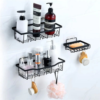 2Pcs / Set 6-Hook Punch-Free Carbon Steel Storage Basket Bathroom Draining Organization Rack