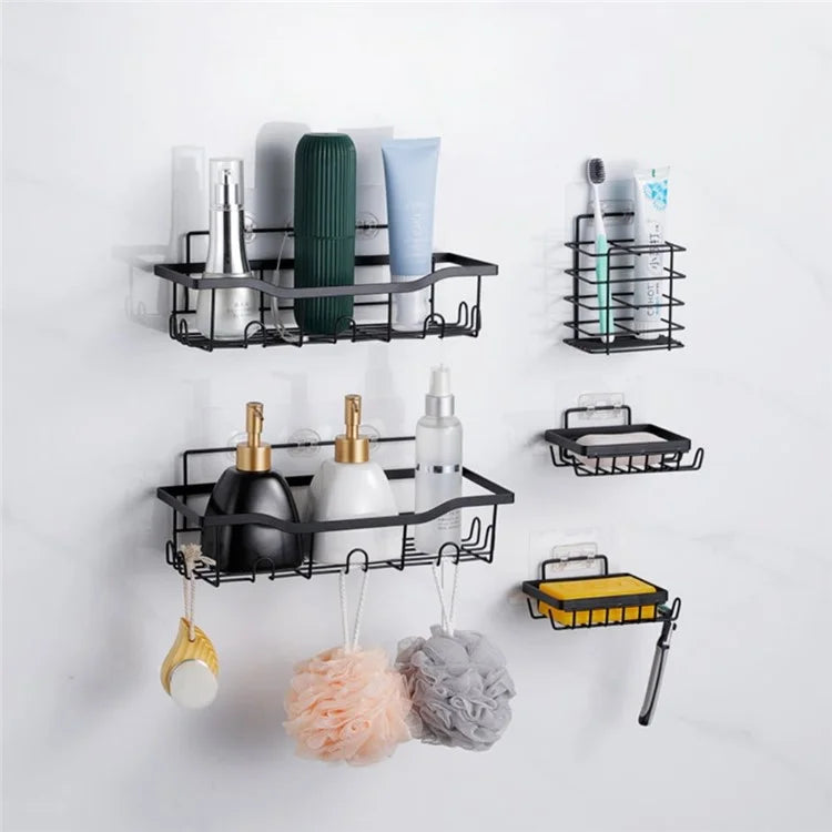 4Pcs / Set 6-Hook Style Punch-Free Carbon Steel Storage Basket Bathroom Draining Organization Rack
