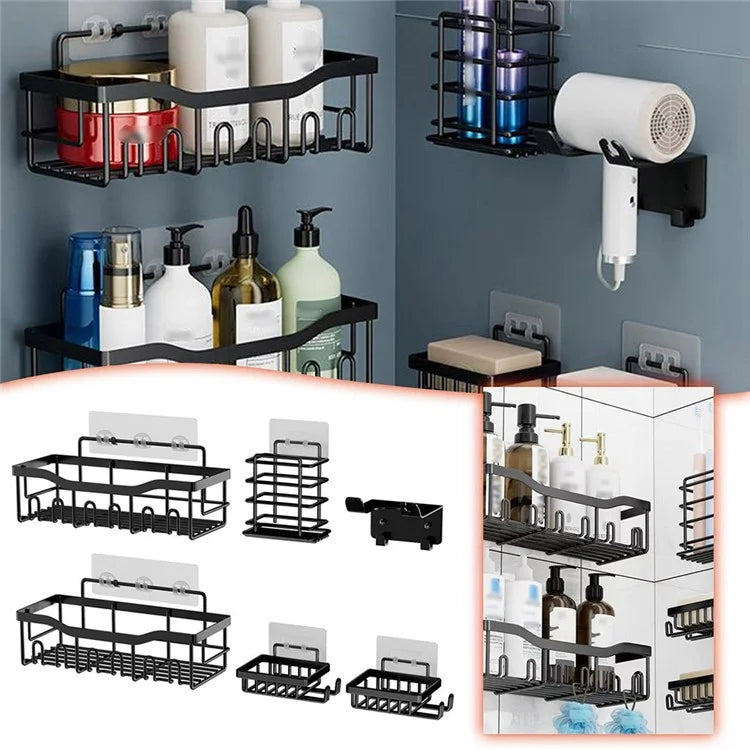 6Pcs / Set 6-Hook Style Punch-Free Carbon Steel Storage Basket Bathroom Draining Organization Rack