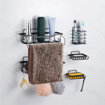 6Pcs / Set 6-Hook Style Punch-Free Carbon Steel Storage Basket Bathroom Draining Organization Rack