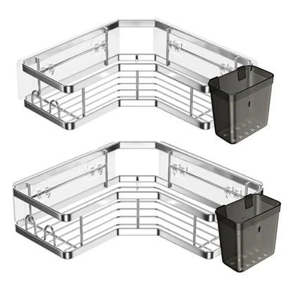 2Pcs L-Shape Punch-Free Iron Storage Rack Bathroom Kitchen Corner Mounted Shelf with Hanging Basket - Silver