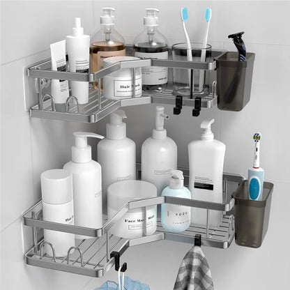 2Pcs L-Shape Punch-Free Iron Storage Rack Bathroom Kitchen Corner Mounted Shelf with Hanging Basket - Silver