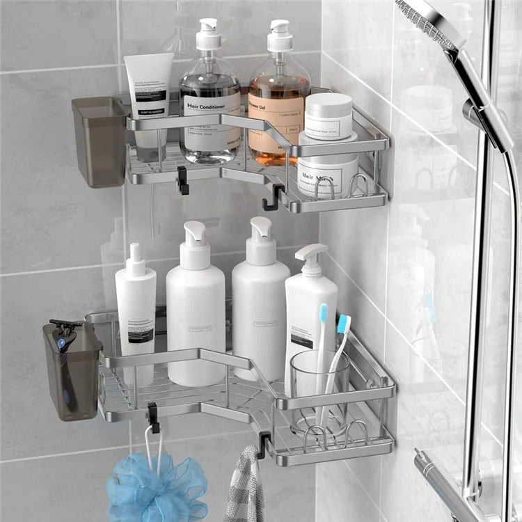2Pcs L-Shape Punch-Free Iron Storage Rack Bathroom Kitchen Corner Mounted Shelf with Hanging Basket - Silver