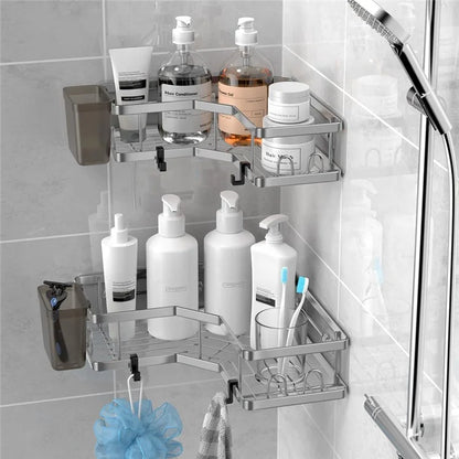 2Pcs L-Shape Punch-Free Iron Storage Rack Bathroom Kitchen Corner Mounted Shelf with Hanging Basket - Silver