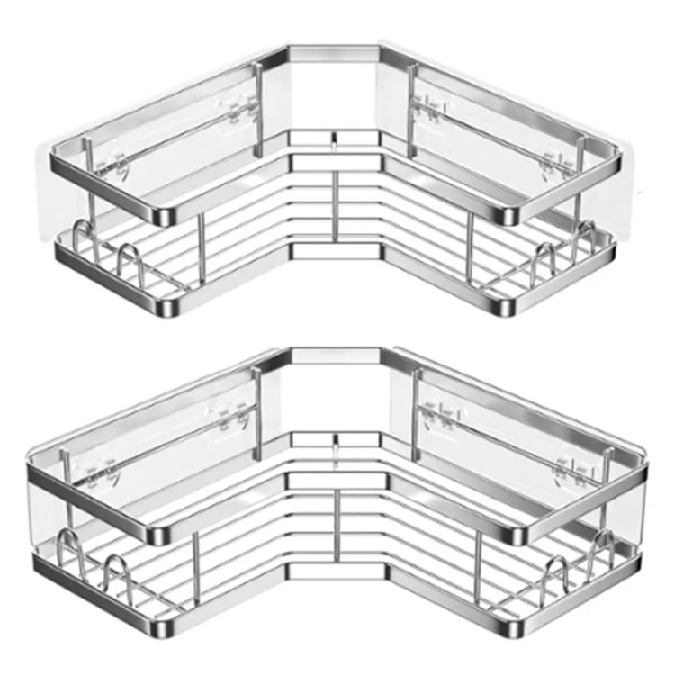2Pcs L-Shape Punch-Free Iron Storage Rack Bathroom Kitchen Organization Corner Mounted Shelf - Silver