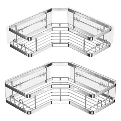 2Pcs L-Shape Punch-Free Iron Storage Rack Bathroom Kitchen Organization Corner Mounted Shelf - Silver