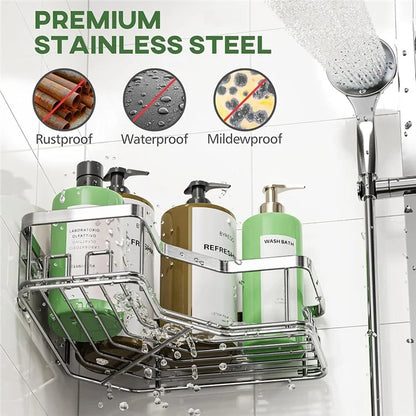 2Pcs L-Shape Punch-Free Iron Storage Rack Bathroom Kitchen Organization Corner Mounted Shelf - Silver