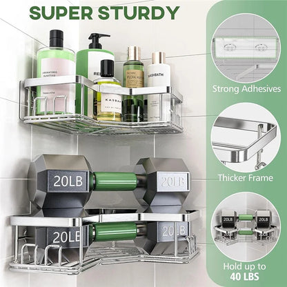 2Pcs L-Shape Punch-Free Iron Storage Rack Bathroom Kitchen Organization Corner Mounted Shelf - Silver