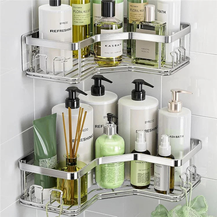 2Pcs L-Shape Punch-Free Iron Storage Rack Bathroom Kitchen Organization Corner Mounted Shelf - Silver