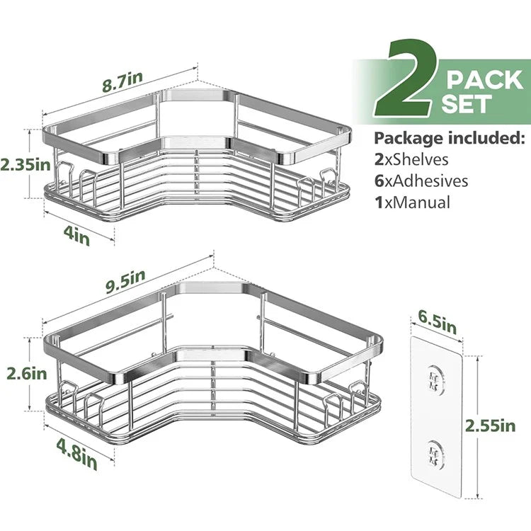 2Pcs L-Shape Punch-Free Iron Storage Rack Bathroom Kitchen Organization Corner Mounted Shelf - Silver