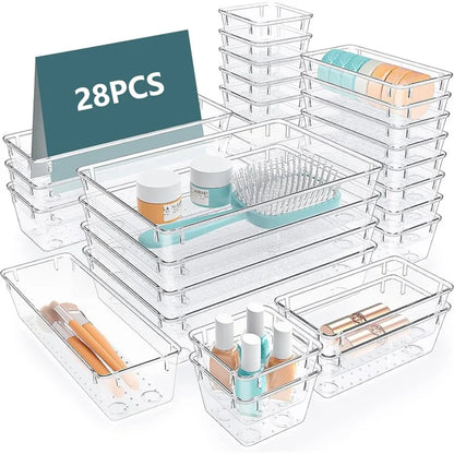 28Pcs / Set Non-Slip Transparent PET Storage Box for Drawers Jewelry Makeup Organizer Container