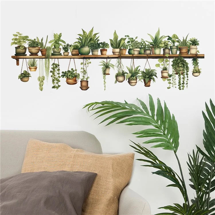 Green Plants Wall Sticker Potted Plants Leaves PVC Wall Decals for Living Room Bedroom