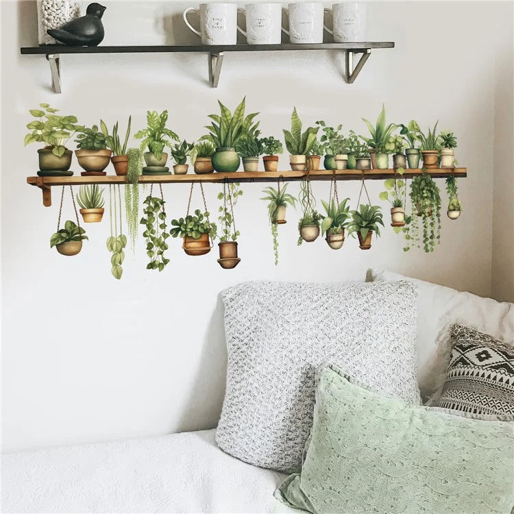 Green Plants Wall Sticker Potted Plants Leaves PVC Wall Decals for Living Room Bedroom