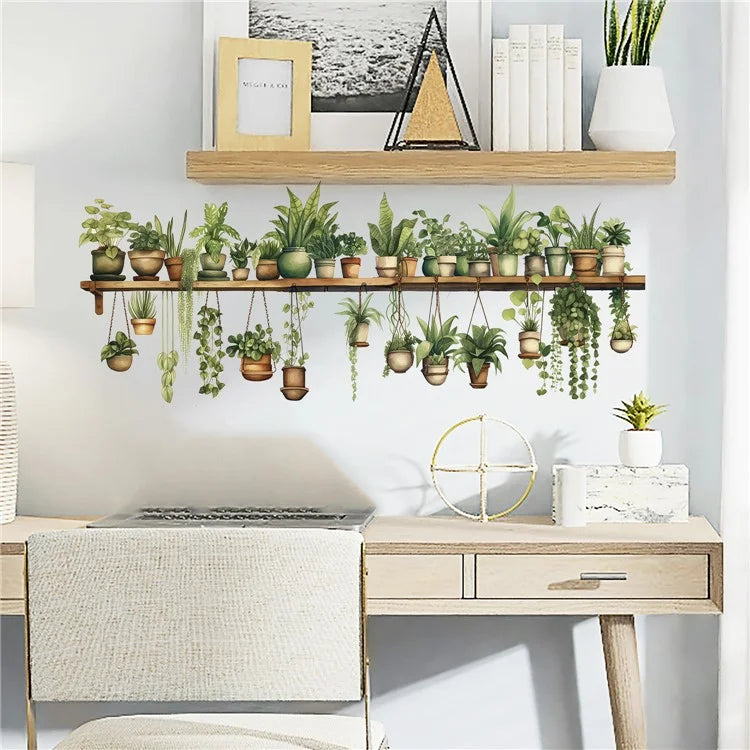 Green Plants Wall Sticker Potted Plants Leaves PVC Wall Decals for Living Room Bedroom