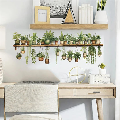 Green Plants Wall Sticker Potted Plants Leaves PVC Wall Decals for Living Room Bedroom