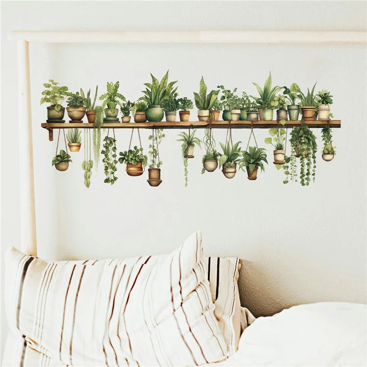 Green Plants Wall Sticker Potted Plants Leaves PVC Wall Decals for Living Room Bedroom