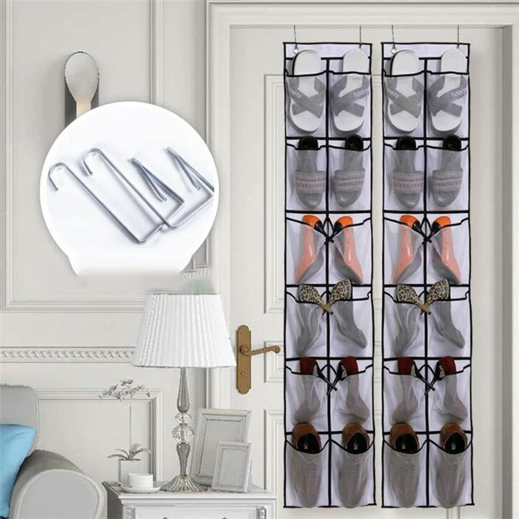 12 Pockets Over Door Shoes Organizer Non-Woven Transparent PVC Shoes Hanging Storage Bag