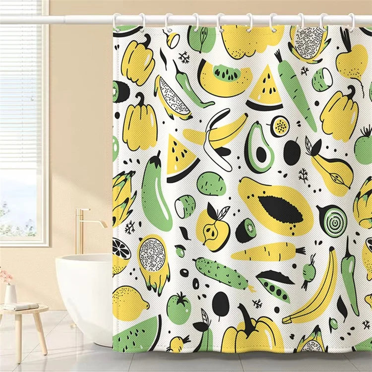 150x180cm Polyester Shower Curtains 3D Fruit Pattern Washable Bath Curtain with 12 Hooks