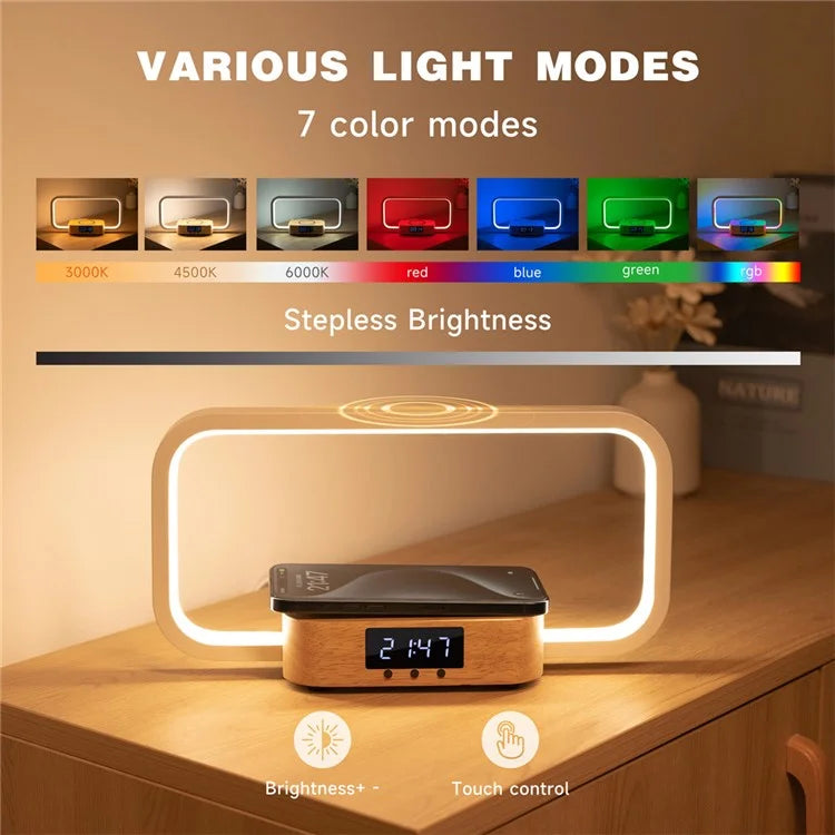 3-in-1 Touch Control RGB Bedside Lamp Night Light with 10W Wireless Charger and Digital Clock