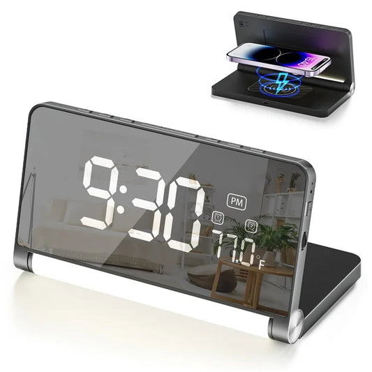 ZM-A1C Temperature Display Foldable LED Digital Alarm Clock with Night Light and 10W Wireless Charger