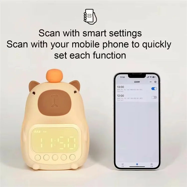 C20 Cute Cartoon Capybara Alarm Clock Dimmable Bedside Night Light for Kids Room