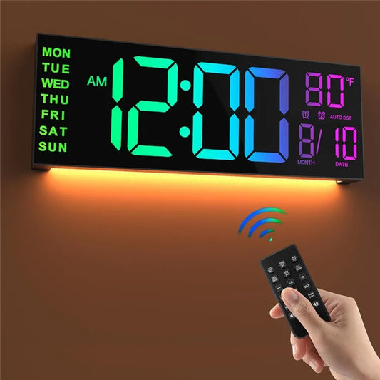 PH-01 8 RGB Colors Dual Alarm Large Digital Wall Clock with Remote Control Thermometer for Living Room