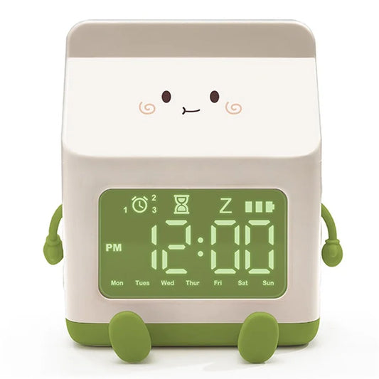 Milk Box Shape Clock with Snooze Kids LED Smart Clock Rechargeable Alarm Clock for Bedroom Room