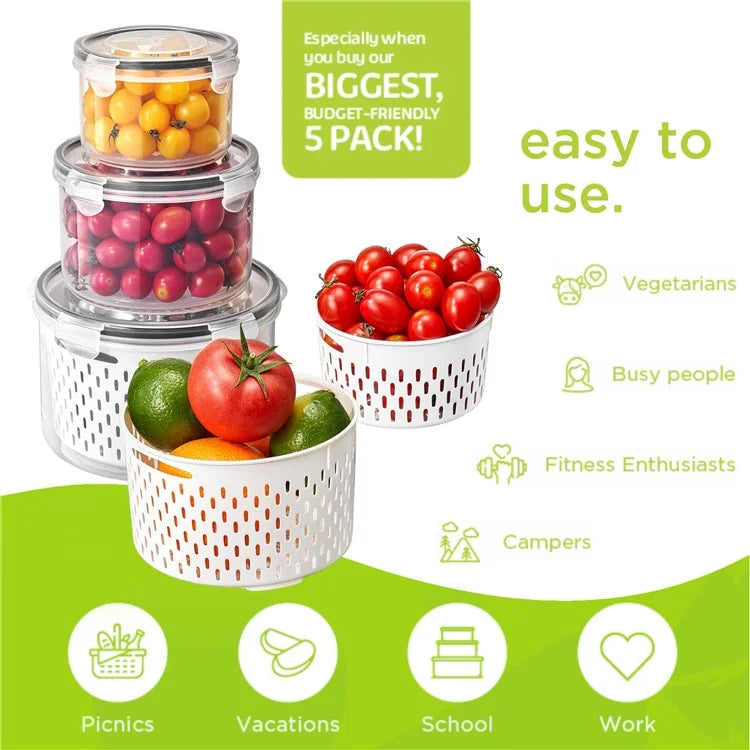 3Pcs Refrigerator Storage Box Round Transparent Drain Basket Fruit Vegetable Fresh-Keeping Box (BPA Free, No FDA)