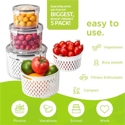 3Pcs Refrigerator Storage Box Round Transparent Drain Basket Fruit Vegetable Fresh-Keeping Box (BPA Free, No FDA)