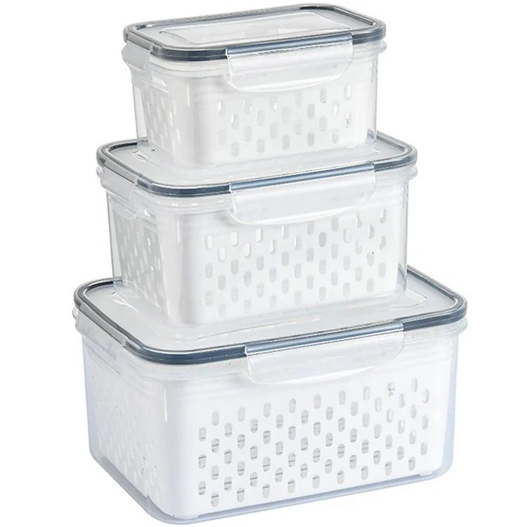 3Pcs Refrigerator Storage Box Rectangular Transparent Drain Basket Fruit Vegetable Fresh-Keeping Box (BPA Free, No FDA)