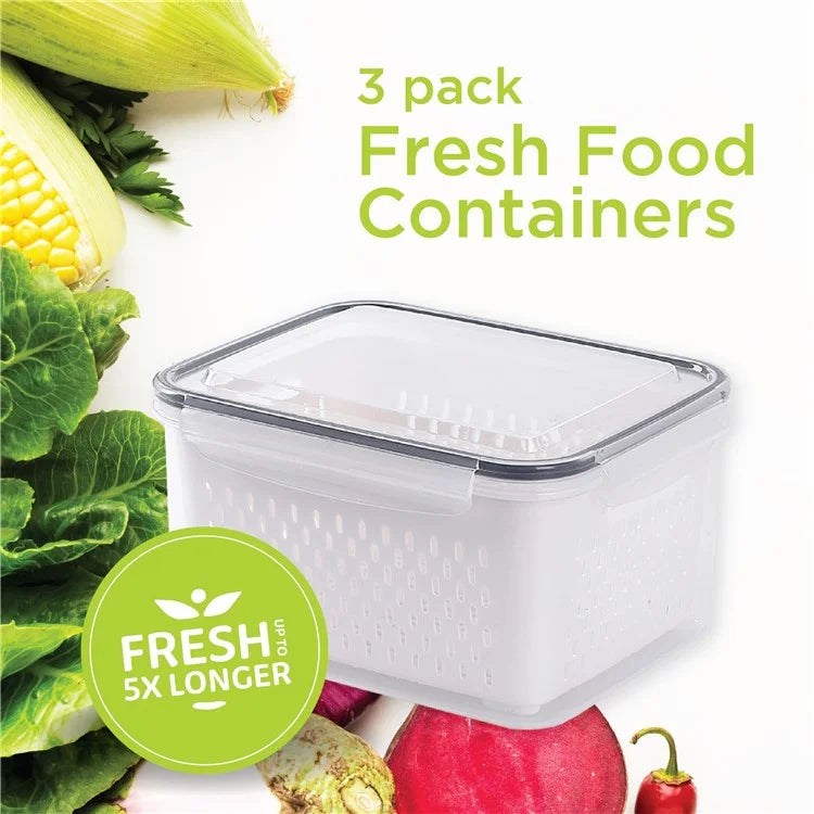 3Pcs Refrigerator Storage Box Rectangular Transparent Drain Basket Fruit Vegetable Fresh-Keeping Box (BPA Free, No FDA)