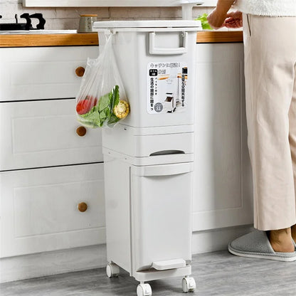7030 32L Long Tube Kitchen Double Layer Mobile Pulley Garbage Basket Dry Wet Separation Trash Can