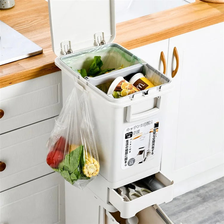 7030 32L Long Tube Kitchen Double Layer Mobile Pulley Garbage Basket Dry Wet Separation Trash Can
